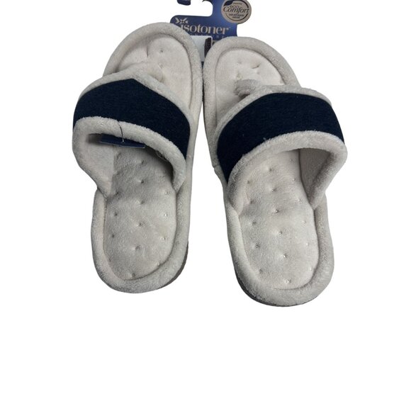 Isotoner Womens Memory Foam Slippers Arch Support Sz Large (8.5-9) White & Navy - Picture 2 of 6